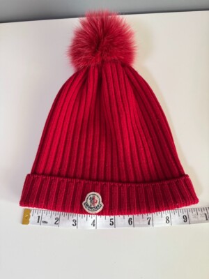Moncler Women's Wool Knitted Beanie Hat With Real Fur Pom-Pom Red One Size 