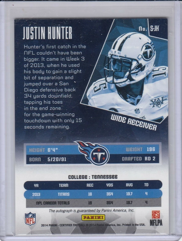 JUSTIN HUNTER 2014 Certified Mirror Red Signatures #SJH Auto 30/49 Titans - Image 2 of 2
