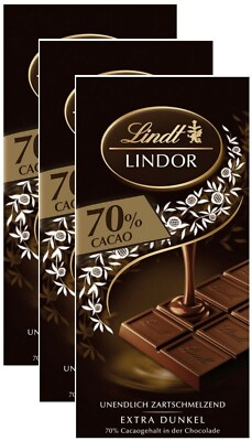 Lindt Lindor Edelbitter - Schokolade Dark 70% Cacao - 3 Tafeln je 100 Gramm