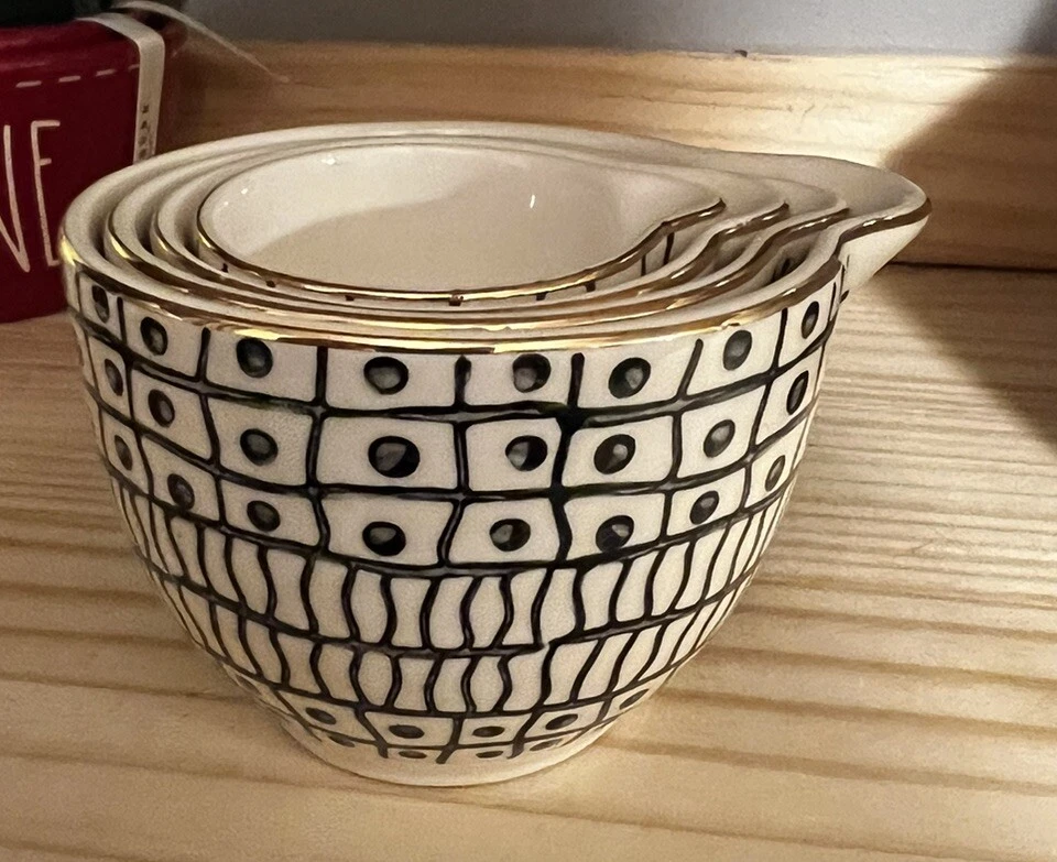 Geometric Ceramic Nesting measuring Cups Black & White With Gold trim