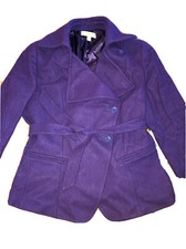 Kenar Deep Purple Wool Blend Pea Jacket Coat Size M Tie Waist Belt Assymetric