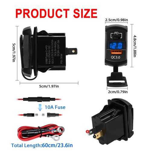 Dual USB Quick Charger QC 3.0 And Type C Socket Voltmeter Blue Led Rocker Switch - Photo 3 sur 6