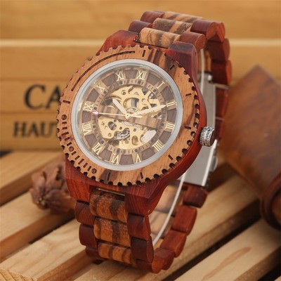 Mens Wooden Watch Automatic Self Winding Roman Numeral Display Luxury