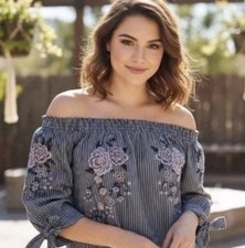 American Eagle Embroidered Off-The-Shoulder Top Sz S Blue White Striped Boho