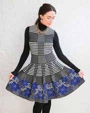 Alexander McQueen Jacquard Knit Dress XS Chest 38cm Flare Houndstooth Black