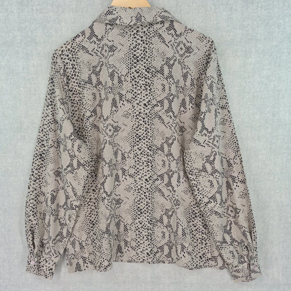 Womens Large Animal Print Blouse Silky Gray Black Snakeskin Button Up Shirt USA - Image 2 of 4