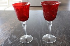 Vtg Ruby Red Water Goblets Pair Swirl Wine Glasses Clear Stem 8" Tableware