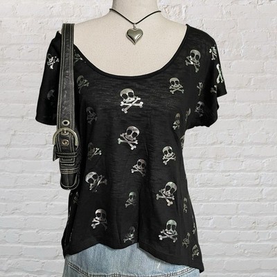 vintage 2000s emo scene goth black skull metallic asymmetric top XL grunge sheer