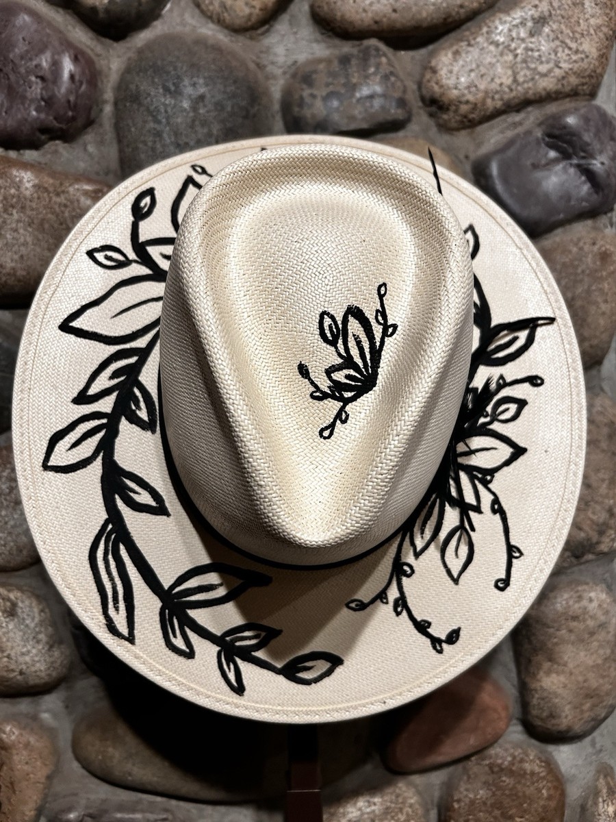 Mexican Artisanal Hand Painted Cowboy Hat Women's White Black