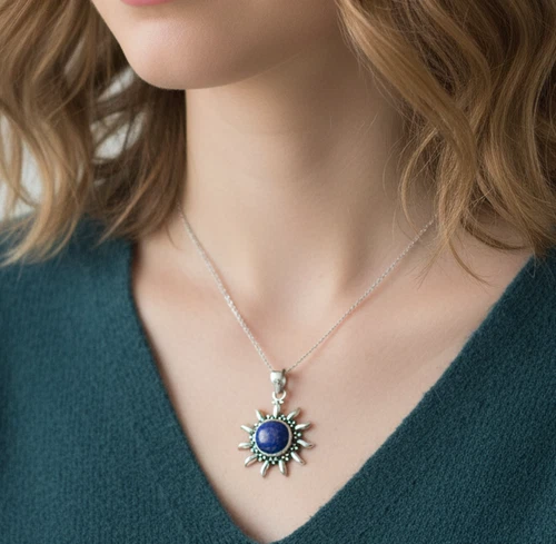 925 Sterling Silver Blue Lapis Lazuli Sun Style Chain Pendant-19.4 Inch