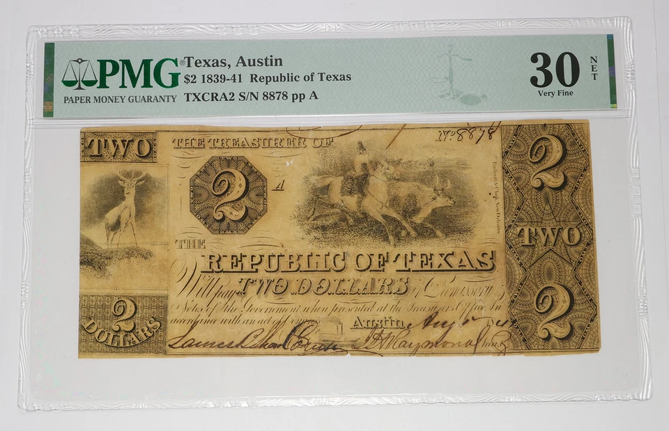 1841 PMG VF30 NET - Austin Republic of Texas $2 Two Dollar Note #57028F - Image 3 of 3