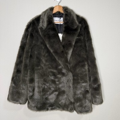 STAND STUDIO Saphira Faux Mink Fur Coat Charcoal Taupe Size 36