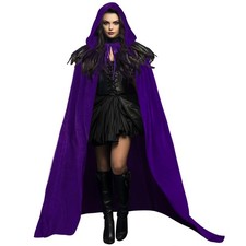 Unisex Velvet Hooded Robe Cape with Gothic Feather Cloak - Purple Full Length