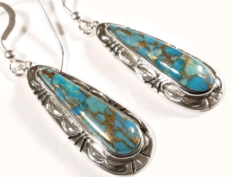 925 STERLING ETCHED DESIGNS MATRIX TURQUOISE 1 3/4" X 1/2" HOOK EARRINGS 6.5g - Image 2 of 4