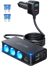 BESTEK Cigarette Lighter Splitter Adapter: 9 in 1 Car Charger 185W 3-Socket PD 3