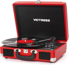 Portable Vinyl Record Player with Bluetooth, RCA, AUX & Built-In Speakers - Red