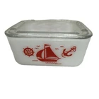 McKee Glass Refrigerator Ware Dish Lid Sailboat Red Nautical Gull 4X5 Coastal