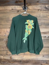 Vintage Green Pullover Sunflower Design Sweatshirt Large