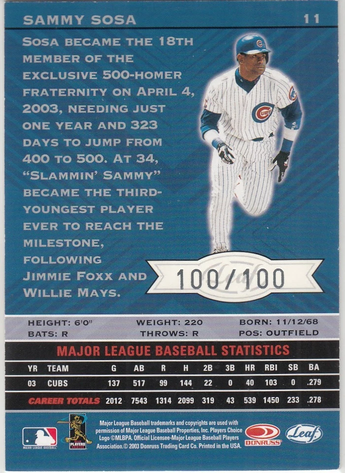 2004 Leaf Limited Previews Silver Spotlight 100/100 Parallel SAMMY SOSA #11 Cubs - Image 2 of 2