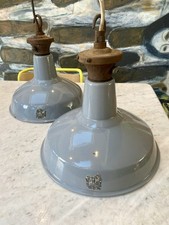 Pair of vintage industrial Benjamin RML grey enamel pendant ceiling lights. GWO.