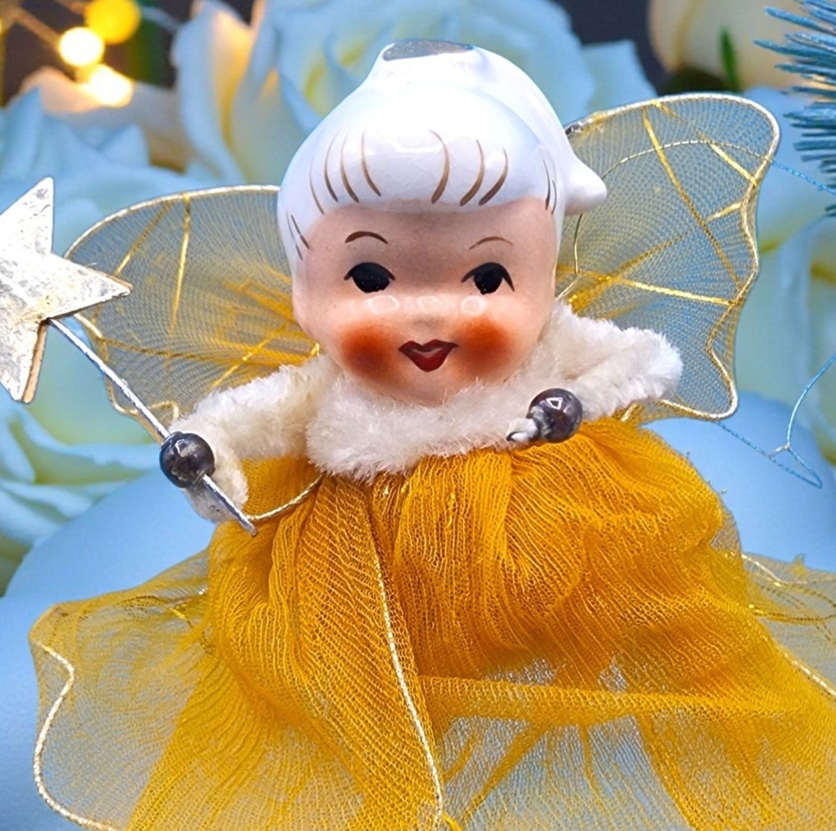Holt Howard China Head Angel Ornament 1950s Yellow Tulle Wings