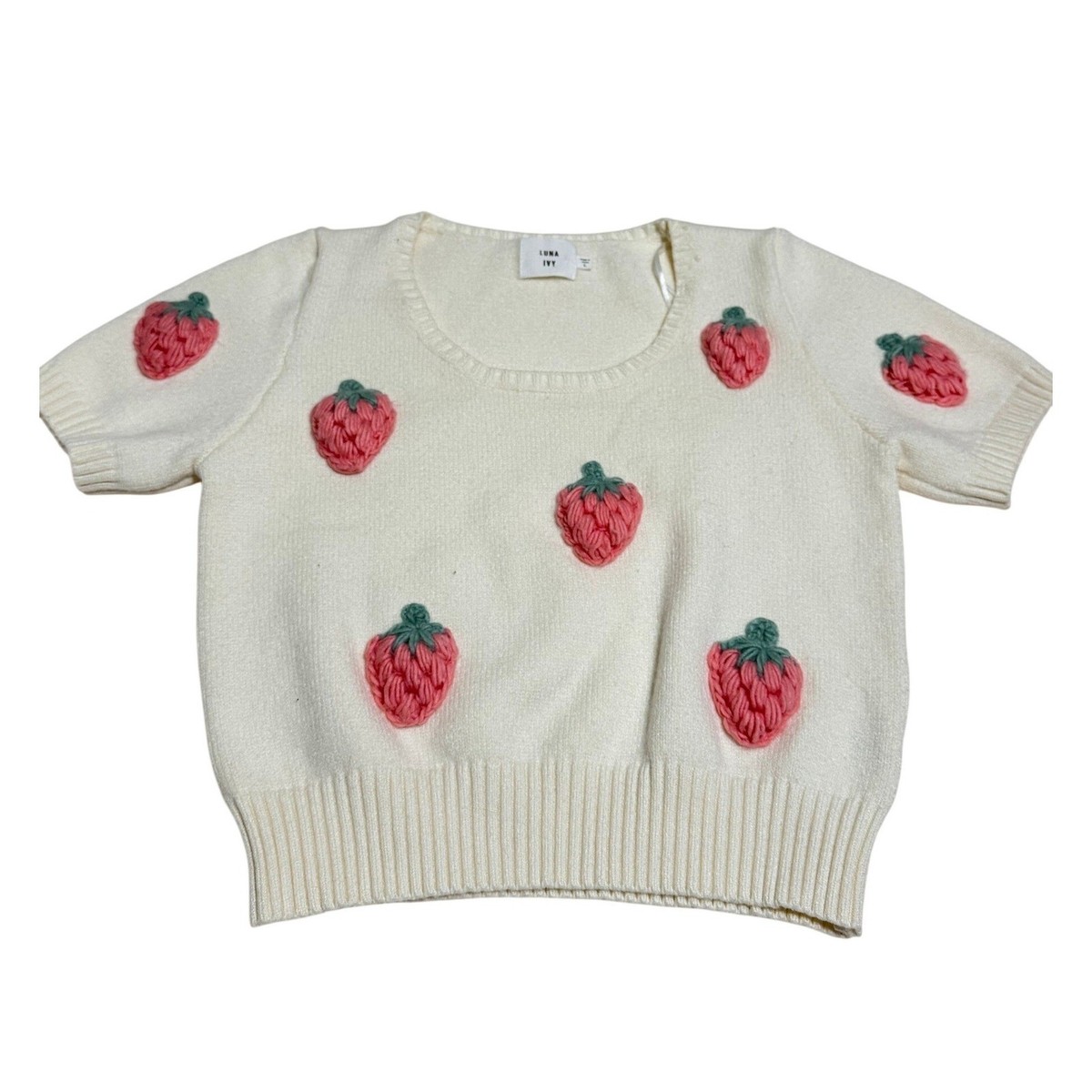Luna Ivy Cream Strawberry 3D Applique Knit Short Sleeve Sweater