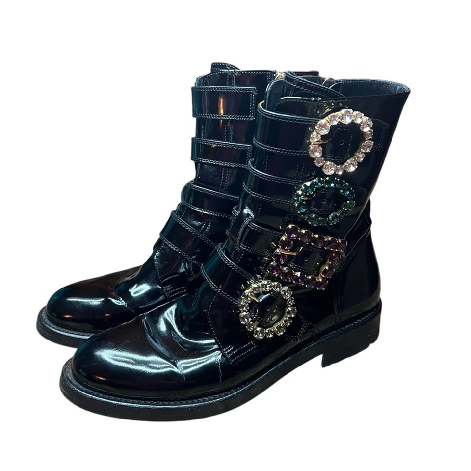 Dolce & Gabbana Botas de Combate de Cuero Pulido Hebillas Joyas EU 37.5 US 7.5 Foto 2 de 4