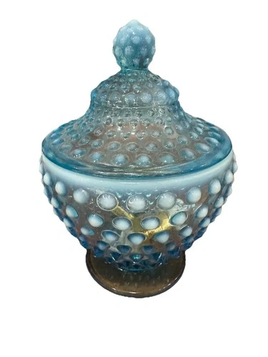 Vintage Fenton Hobnail Blue Opalescent Footed Candy Jar w Lid