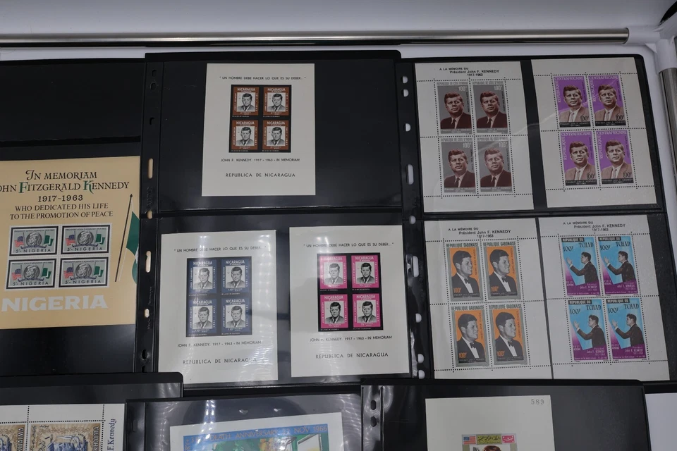 JFK WW stamp collection page lot novelty foil memorial OVPT 350 stamps 50 s/s - Image 3 of 4