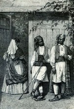 España, campesinos de La Huerta y cigarrera de Valencia... Grabado 1883