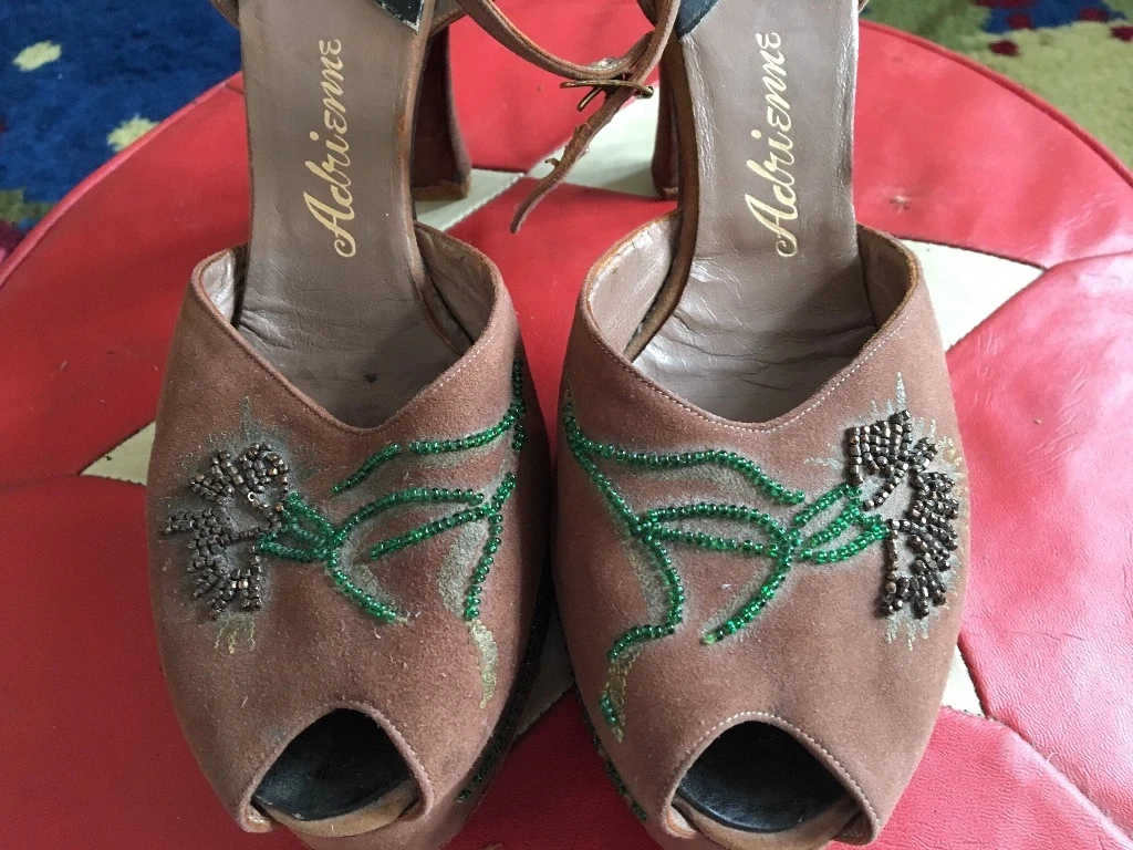 1940s Original Vintage Platform Suede Beaded Jewelled Sandals RARE UK 6.5 7