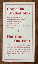 Enseigne fontaine à soda au lait malté Grape-Ola années 1910 RARE