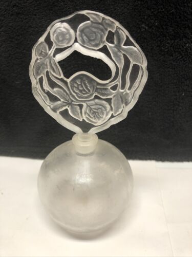 Vintage White Clear Frosted Glass Perfume Bottle Rose Flower Floral Stopper 6” - Picture 2 of 9