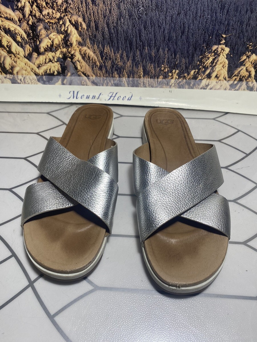 UGG Australia KARI Metallic Gold LEATHER IMPRINT SLIDE SANDALS