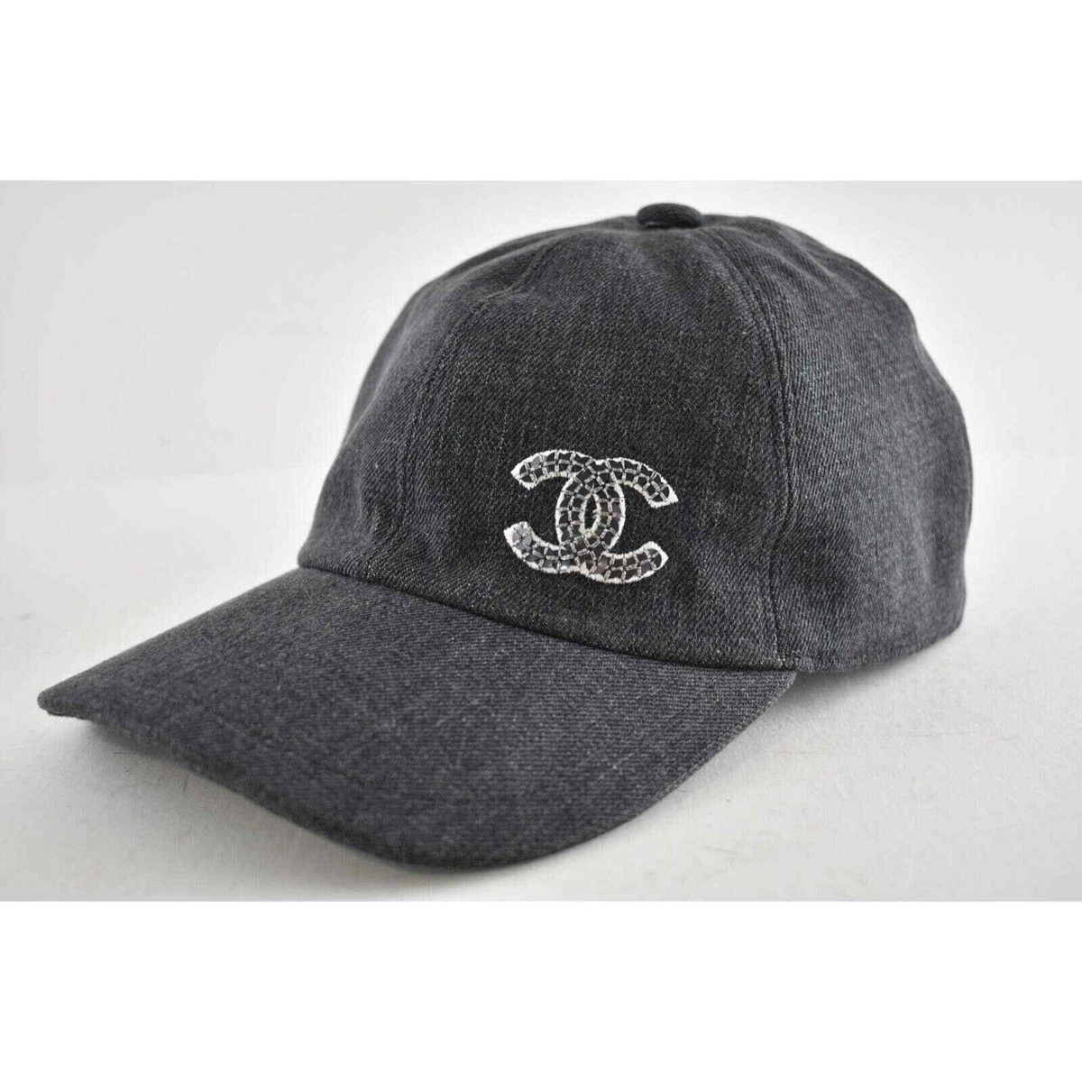 Chanel 22P Black Denim Sequin CC White Logo Baseball Cap Curved Peak Hat