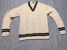 VTG 1960's/1970's White Maroon/Blue Striped Acrylic Sweater JONDALE Import Co.