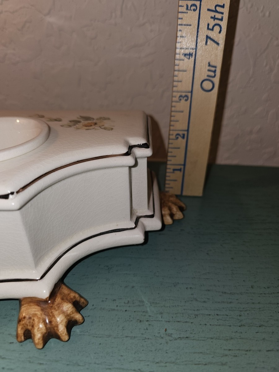 Vintage Hand Painted Porcelin Ink Well And Fountain Pen Holder