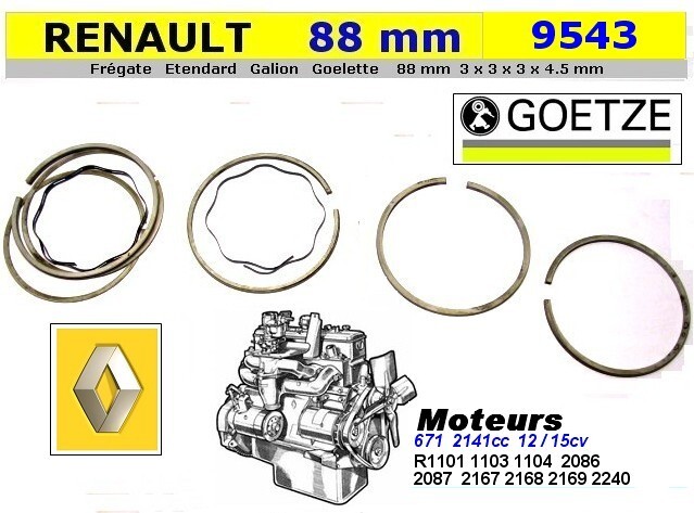 Segments RENAULT Frégate de qualité supérieure pour moteurs de collection 88mm