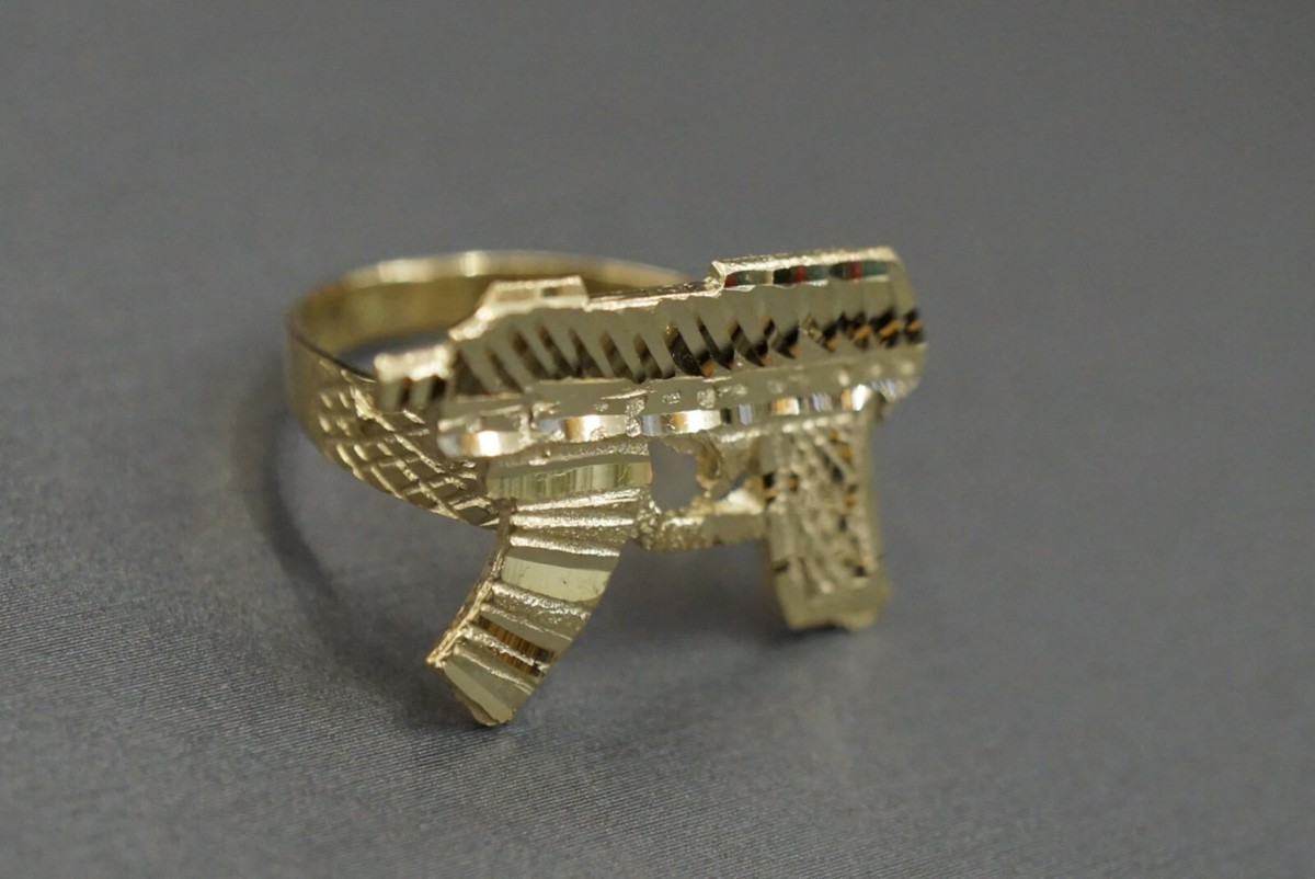 10K Solid Yellow Gold Diamond Cut UZI Machine Gun Ring. Size