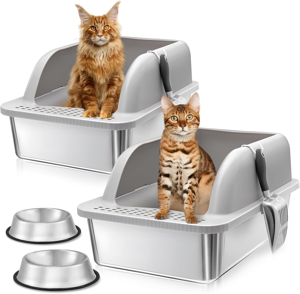 8" Deep Stainless Steel Litter Box, Metal Litter Box with Lid for Big