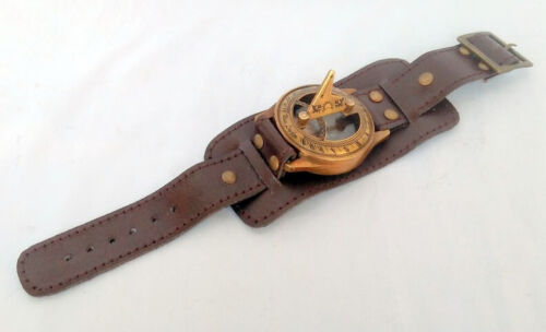Wrist Watch W/Leather Bracelet Handmade Vintage Stock Steampunk Sundial Compass - 第 1/7 張圖片