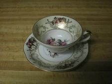 DEL MAR JAPAN 3 PEDESTAL TEACUP & SAUCER-HAND PAINTED 24K GOLD 