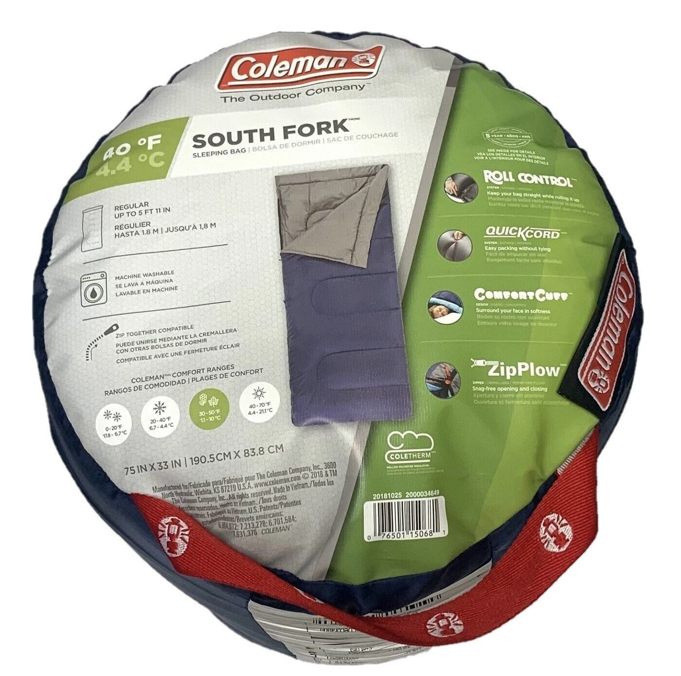 Coleman South Fork 40-Degree Adult Sleeping Bag 75" X 33" up to 5'11" Tall W Bag