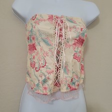 ROMWE Cream Floral Corset Strapless Top with Lace Ruffle Women's Size M Y2K