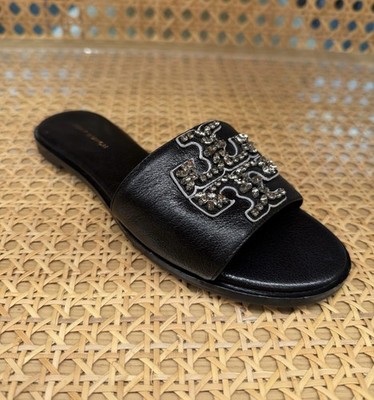 Tory Burch NIB Everly Embellished Slide Sandals Black Tumbled Leather MANY SIZES