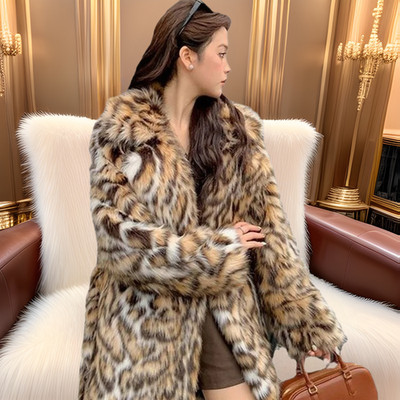 Womens Winter Fox Fur Mid Long Leopard Coat Fashion Lapel Collar Fur Long Coats
