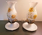 Vintage Milk Glass Lamps Yellow Roses Handpainted Ruffled Hobnail