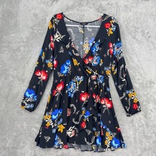 Express Dress Womens Large Mini Floral A Line Surplus Faux Wrap Boho Black Red