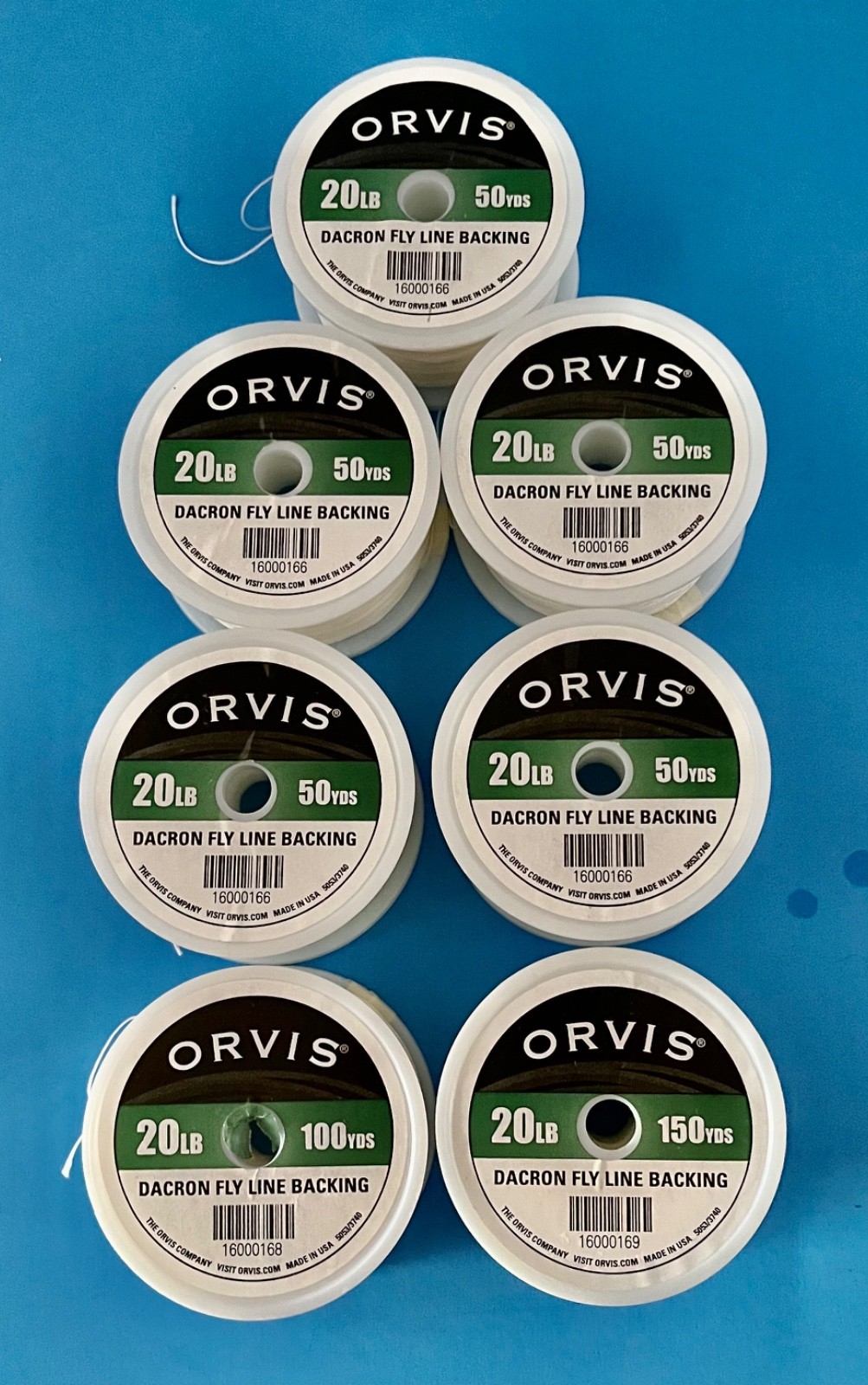 7 - Spools of 20 lb. test Braided Dacron backing 50, 100, and 150 yard ...