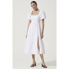 ASTR the Label White Cotton Smocked Tiered Midi Dress Puff Sleeve Size Large